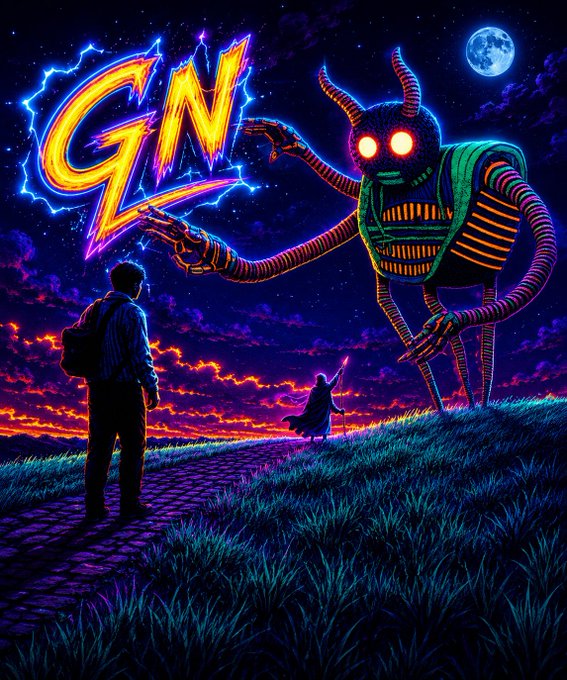 The image features a man walking down a path with a large, glowing green monster behind him. The monster has red eyes and horns that glow against the dark background. A neon sign reading "GN" is visible above the scene. In the background, there are two other people present in the scene - one person on the left side of the image and another person further to the right.