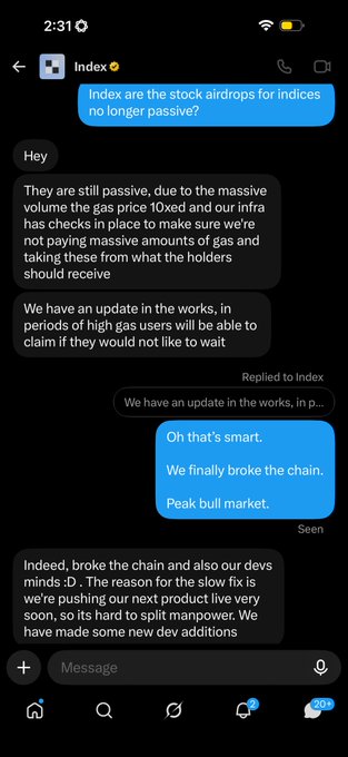 A WhatsApp message exchange with 'Index' about passive stock airdrops, discussing gas price issues (10x increase) and upcoming updates where high gas users can claim their tokens, with the user celebrating breaking the chain.