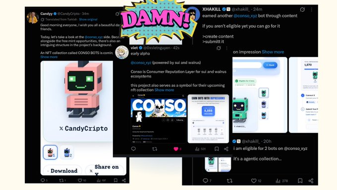 A collage of Twitter/X posts from accounts like @CandyCrypto, @conso_xyz, and @xhakiii discussing "CONSO BOTS" and "CandyCripto," overlaid with a comic-style pink "DAMN!" speech bubble.