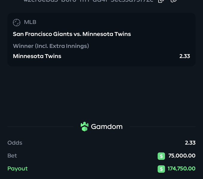 The image displays a Gamdom betting slip for an MLB matchup between the San Francisco Giants and Minnesota Twins, with the Twins selected as the winner (including extra innings) at 2.33 odds. The bettor wagered $75,000.00 for a potential payout of $174,750.00, aligning with the post's caption about live betting on Gamdom and cheering on the Twins.