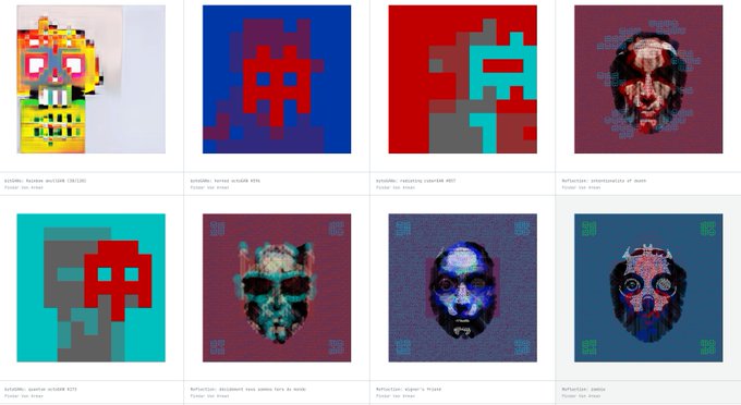 A collection of eight digital NFT artworks including pixel art and glitch-style portraits labeled with details like #42890, #62988, #93969, and #97384, some marked as 'Collection: Skullable Rebels'.