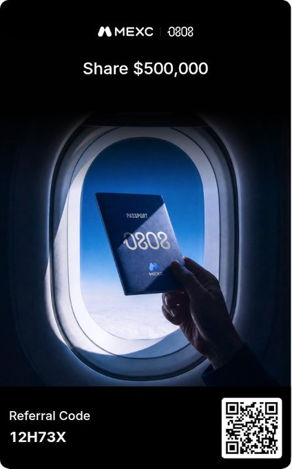 A promotional graphic for MEXC featuring a hand holding a blue 'PASSPORT 0808' booklet against an airplane window showing the sky, advertising 'Share $500,000' with referral code '12H73X' and a QR code.