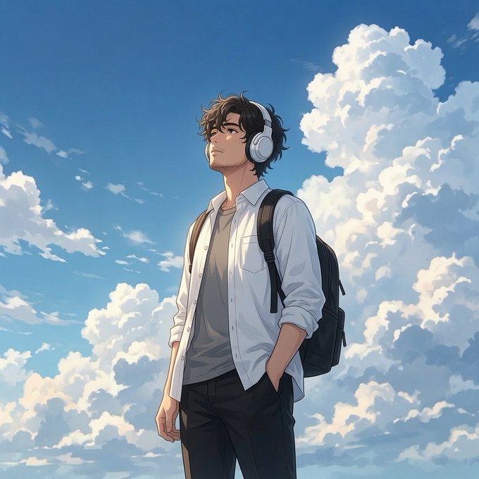 A man wearing headphones and a backpack is standing under a blue sky with white clouds, looking up at the horizon while listening to music or enjoying a moment of tranquility.