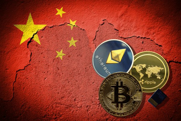An image showing cryptocurrency coins (Bitcoin, Ethereum, and Ripple) overlaid on a cracked red surface featuring the Chinese flag with its yellow stars, suggesting a concept related to crypto bans or regulations in China.