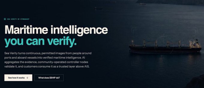 A promotional banner for 'SEA VERXITY BY STRAHDCP' titled 'Maritime intelligence you can verify,' showing a cargo ship at sea with text explaining how AI aggregates imagery into verified maritime intelligence.