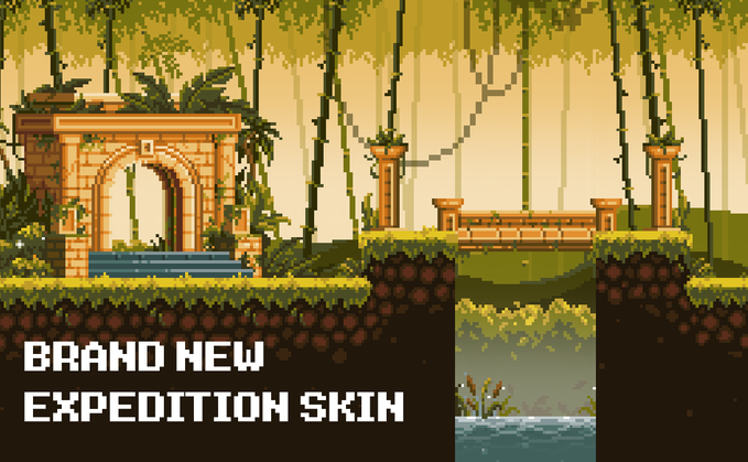 The image shows an advertisement for a video game that takes place in a jungle environment with a river running through it. The game's title appears to be "Brand New Expedition Skin", indicating that this is a new version of the game released recently, which includes a new name and skin upgrade. A subtitle below the image reads "YOUR JOURNEY Got AN UPDATE A brand new name and skin available now Meet Lost Shrine a 30h Expedition ready to surprise you Send your Hamsters and challenge yourself".