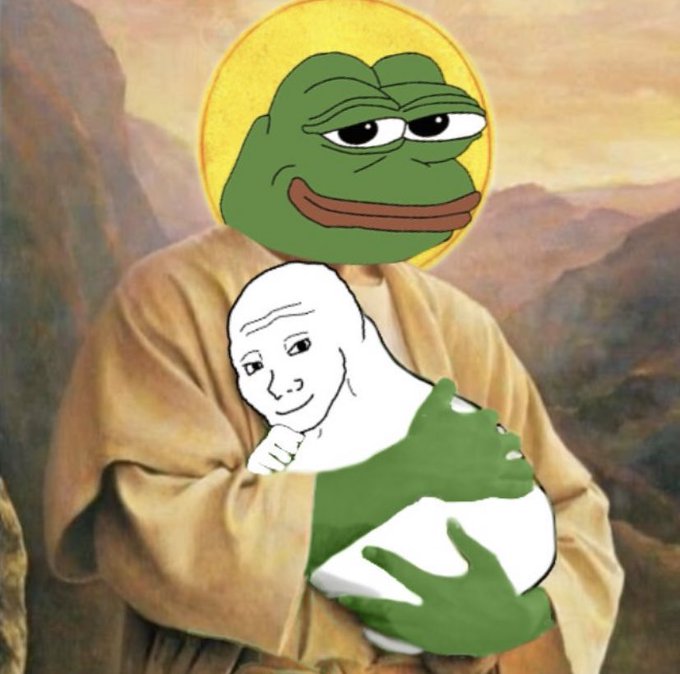 A photoshopped meme image combining the Pepe the Frog face with the body of Saint Joseph holding the baby Jesus from a classical religious painting.