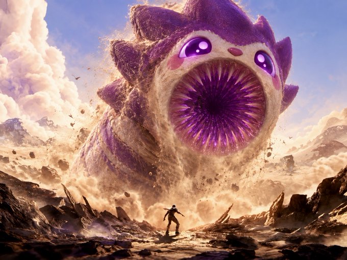 A dramatic fantasy scene depicting a tiny human figure standing before a colossal, sand-wreathed monster with glowing purple eyes and a swirling purple maw emerging from a desert landscape.
