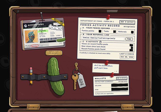 A digital illustration of an open briefcase displaying various items including an access pass for 'Fomies', a 'Department of Fomo - Form ER-1' activity record, a pickled cucumber, a pencil, a key with '404', and a wallet labeled 'SOLANA'.