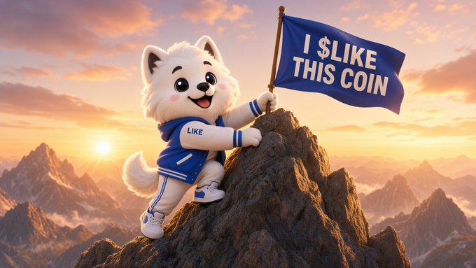 A fluffy white cartoon dog mascot wearing a blue "LIKE" jersey stands triumphantly atop a mountain peak at sunset, proudly raising a blue flag that reads "I ŠLIKE THIS COIN." The heroic pose symbolizes the post's heartfelt message about passionately supporting $LIKE/Likecoin, with the character embodying the community's enthusiastic dedication—much like the post's declaration that loving $LIKE is both a daily commitment and a reason to keep building together.
