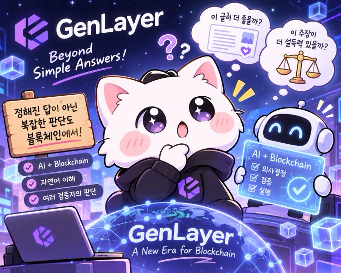 A colorful GenLayer promotional illustration says “Beyond Simple Answers!” and “A New Era for Blockchain,” featuring a cartoon cat, robot, blockchain imagery, and Korean text about AI and blockchain.