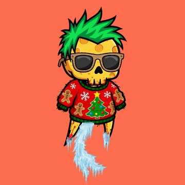 A stylized cartoon skull with green spiky hair and sunglasses wears an ugly Christmas sweater decorated with gingerbread men, snowflakes, and a Christmas tree, with icy blue flames shooting from the bottom against a solid coral background.