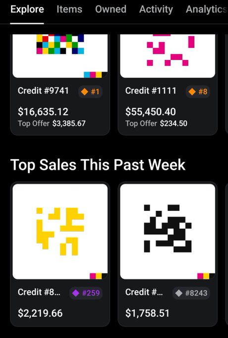 An 'Explore' page showing various 'Credit' pixel art NFTs, including 'Credit #9741' for $16,635.12 and 'Credit #1111' for $55,450.40, along with 'Top Sales This Past Week' featuring Credit #8... ($2,219.66) and Credit #... ($1,758.51).