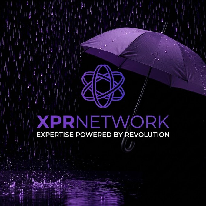 A purple umbrella shields against heavy rain, displaying the XPRNetwork logo and the tagline "EXPERTISE POWERED BY REVOLUTION," visually symbolizing the $XPR (@XPRNetwork) brand's protective and resilient presence amid the storm.