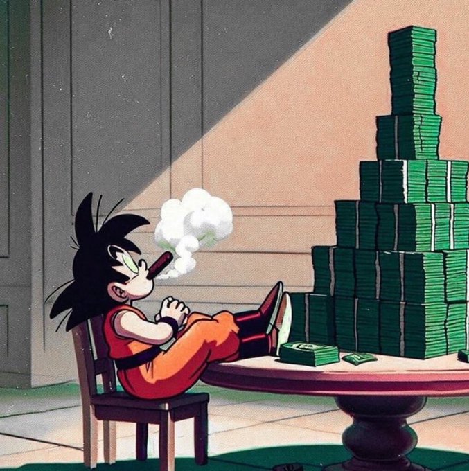 A young Goku from Dragon Ball lounges casually in a chair, smoking a cigar next to an enormous pyramid of stacked cash bundles on a table.

The image humorously ties to the "GM GN" (Good Morning/Good Night) crypto post about weekend project hunting by depicting Goku as a wealthy "degen" who has already made it—visually mocking the pursuit of new tokens with the absurd image of someone who doesn't need to chase gains because the gains have already been stacked.