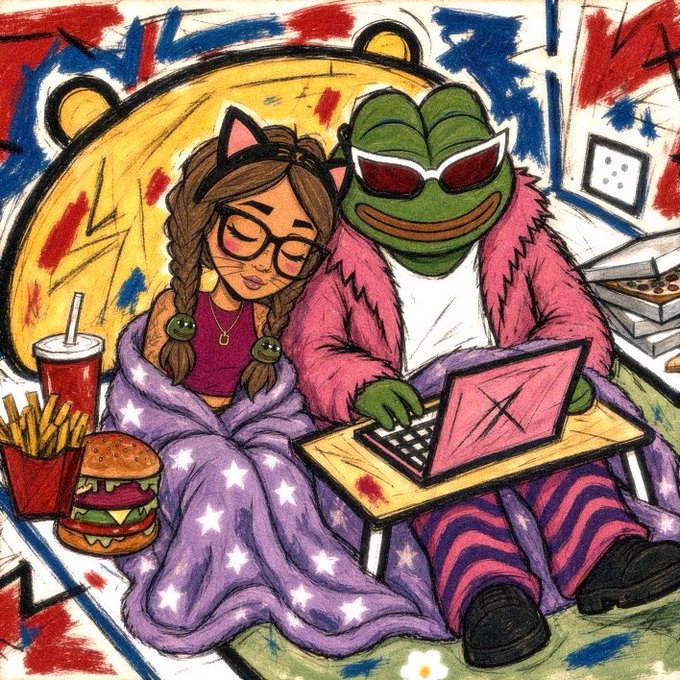 A colorful illustration showing a girl with braided hair and cat ears sitting under a starry blanket next to a frog wearing sunglasses and a pink fur coat, using a laptop together amid fast food and pizza.