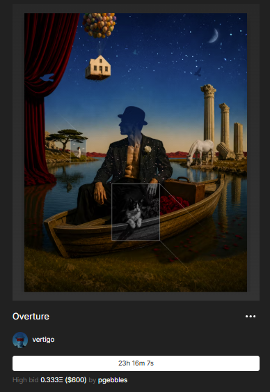 A mobile screenshot of an NFT listing titled 'Overture' by vertigo, featuring surreal artwork of a figure in a boat with classical columns and a white horse, showing a high bid of 0.333Ξ ($600) by pegbbles.