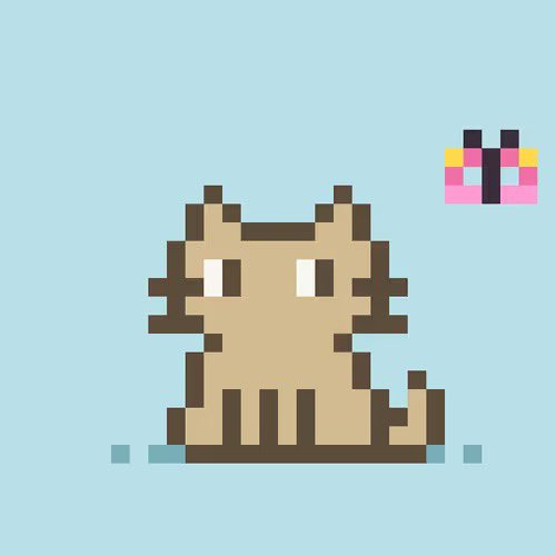 Pixel art illustration of a tan and brown cat sitting next to a small pixel art gift box with a pink ribbon on a light blue background.