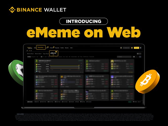 The image features a laptop screen displaying an eMeme page from the @BinanceWallet wallet app. The app has been updated, allowing users to easily create and manage their own eMemes. The text "Introducing EMeme on Web" is displayed above the screen, indicating that this feature has been added to the app. The image also includes a green and white coin icon in the bottom left corner, which could be used as an eMeme or a cryptocurrency symbol within the wallet.

The post highlights how users can now easily create and manage their own eMemes on the @BinanceWallet web using the updated app. It emphasizes that this feature is available for tradable assets like Bitcoin, and it provides information about the new feature's benefits and usage.