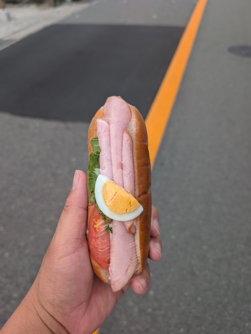 A hand holding a sandwich filled with sliced ham, egg, tomato, and lettuce against an asphalt road background.
