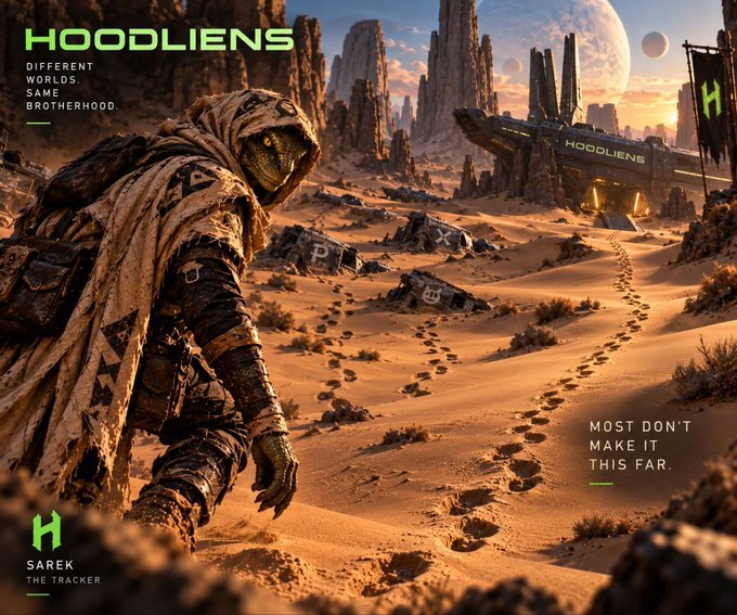 Promotional artwork for 'HOODLIENS' featuring a hooded desert wanderer character approaching a futuristic structure, with the tagline 'Different Worlds. Same Brotherhood' and 'Most don't make it this far' alongside 'SAREK THE TRACKER' branding.