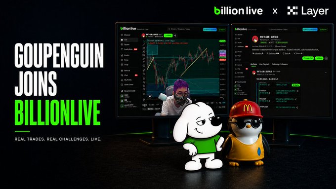 A promotional banner reading 'GOUPENGUIN JOINS BILLIONLIVE - REAL TRADES. REAL CHALLENGES. LIVE.' featuring a penguin mascot alongside trading screens for billionlive x Layer.