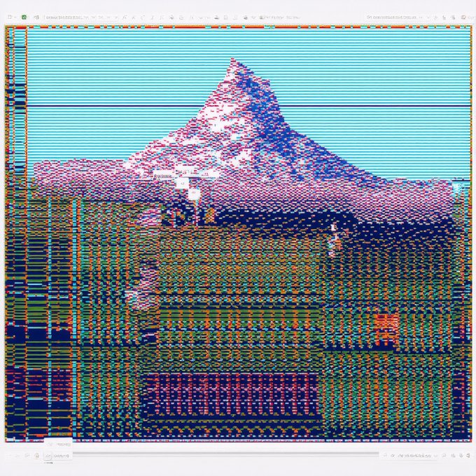A stylized Microsoft Excel spreadsheet displays a pixelated, glitch-art rendering of the Matterhorn mountain, with visible menu text reading "Screenshot to Excel" and a watermark crediting "@artbylnagler." The image matches the post as it showcases an artwork from the "Matterhorn Mesh Painting Excel Series II" (#17) minted by artist Lars Nagler via drop.art.