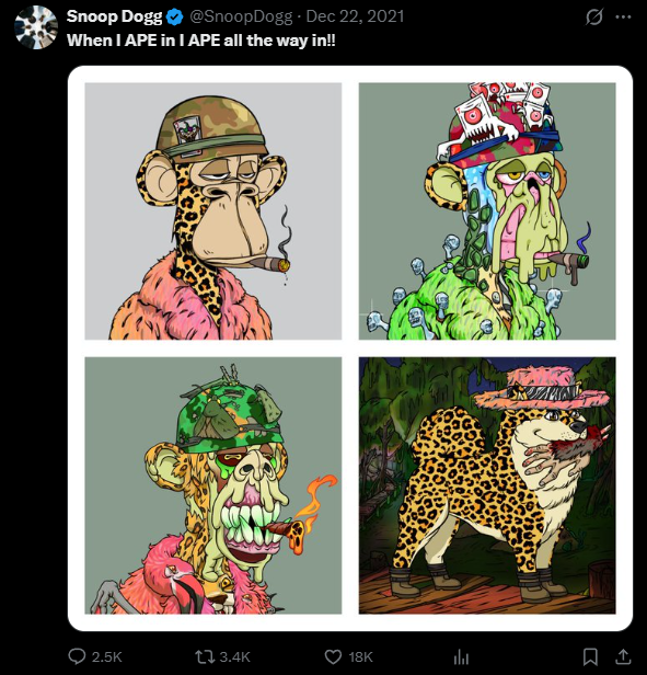 A tweet from Snoop Dogg (@SnoopDogg) dated Dec 22, 2021, with the caption "When I APE in I APE all the way in!!" showing a 2x2 grid of four Bored Ape NFT characters in various outfits.