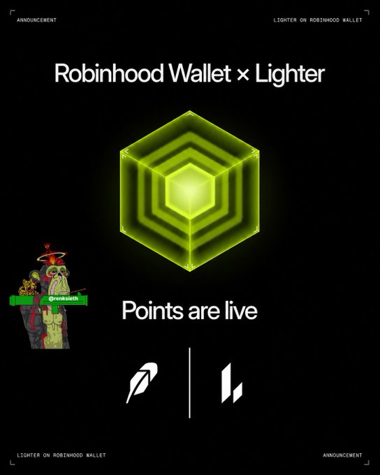 The image is a black promotional graphic announcing "Robinhood Wallet x Lighter" with the headline "Points are live," featuring a glowing green hexagonal cube design and the logos of both Robinhood and Lighter. It supports the post's message about the partnership offering 2x points for trading perps through Robinhood Wallet and highlights the special $LIT token allocation for the Robinhood community.