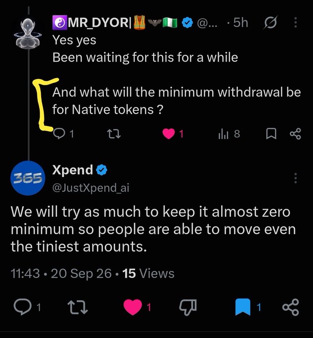 A Twitter/X exchange where user @MR_DYORI asks Xpend about the minimum withdrawal for Native tokens, and @JustXpend_ai responds that they'll try to keep it nearly zero.