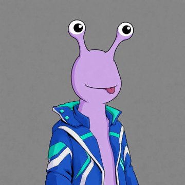 A purple cartoon snail-like character with two eye-stalks wears a blue and teal jacket against a gray background.