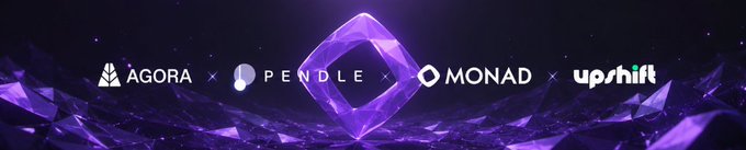 The image features a banner with purple and white elements that reads "Gmonad @ monad DeFi just leveled up. @pendle_fi is officially live on Monad. For those unfamiliar, Pendle lets you separate yield from principal, turning yield itself into a tradable asset. Fixed yield opportunities Yield speculation Advanced LP strategies". The banner is displayed against a gray background and includes the names of three companies: Agora, Pendle, and Monad.