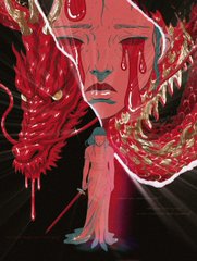 A dark fantasy digital illustration featuring a figures with red serpentine creatures with open maws flanking them.