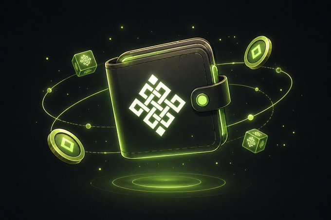 A glowing green digital wallet with a blockchain-style symbol sits at the center, surrounded by orbiting green coins and dice in a stylized 3D illustration.