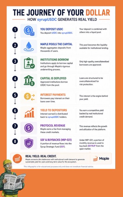 An infographic titled 'The Journey of Your Dollar' explains how syrupUSDC generates real yield through an 8-step process, from depositing USDC to earning protocol revenue and utilizing SSF & Buybacks (MIP-021) via the Maple Strategic Fund.