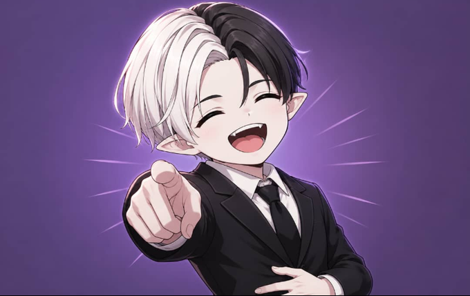 An anime-style character with half-black, half-white hair, pointed ears, and small fangs, smiling and pointing at the viewer while wearing a black suit against a purple background.