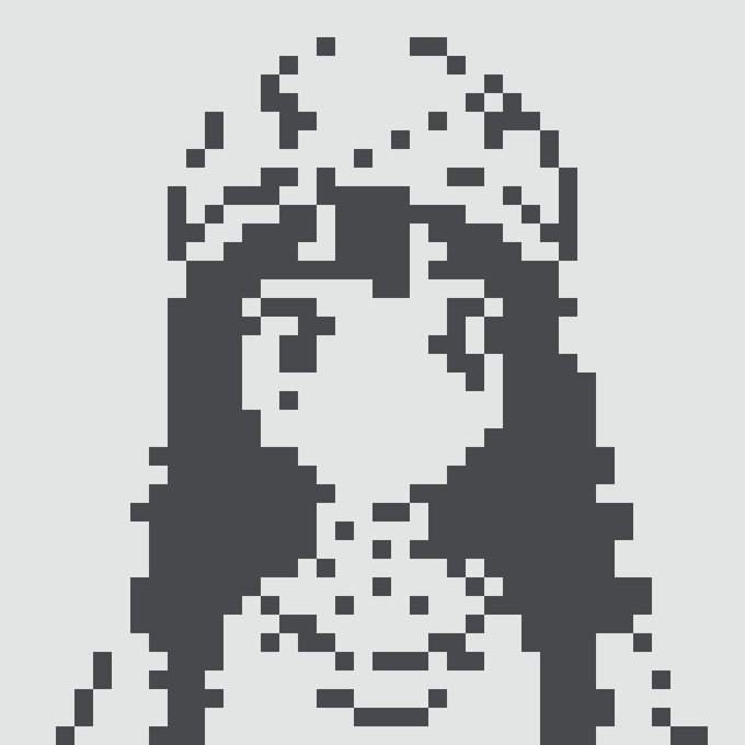 A pixelated black-and-white digital portrait of a person with short hair.