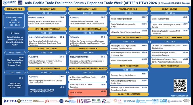 The image shows a poster or schedule for an Asia-Pacific Trade Facilitation Forum (APTF) Paperless Trade Week, which took place from June 1st - 7th, 2016. The poster displays a blue background with white text detailing the event's dates and locations. There are also several logos and icons representing different organizations participating in the event.