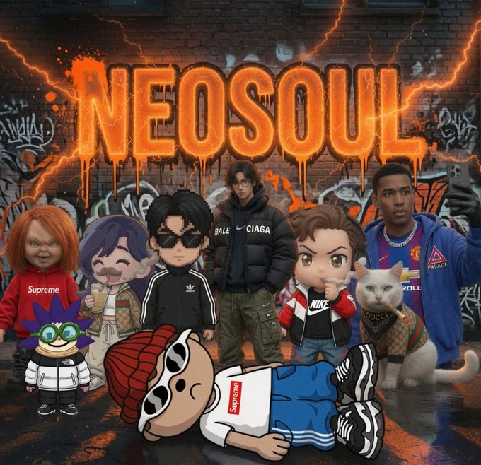 A group of stylized cartoon and real characters pose together in front of a graffiti-covered brick wall with "NEOSOUL" emblazoned in fiery orange letters, featuring recognizable streetwear branding like Supreme, Balenciaga, Nike, and Palace—visually representing the post's "strongest squad" assembling for the Neosoul universe.