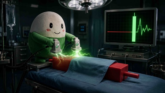 A 3D render shows a round, smiling green character performing surgery with defibrillator paddles on a red device, with green electrical arcs and a flatline monitor in the background. This appears to be the mascot for the Cloudflare R2 storage service.