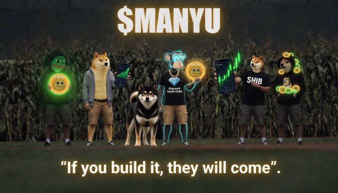 The image features six people standing next to each other, with three of them holding up their phones as if they are taking a picture or recording something. The remaining three individuals appear to be posing for a photo. In front of these people, there is a dog and two dogs in the background. The text "$MANYU" is written above the group of people, while the phrase "Let's send it Xerile $MANYU here for almost a year and still building." is written below them.