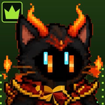 A pixel art image of a black cat with fiery orange horns and glowing blue eyes, featuring a green crown icon in the top left corner.
