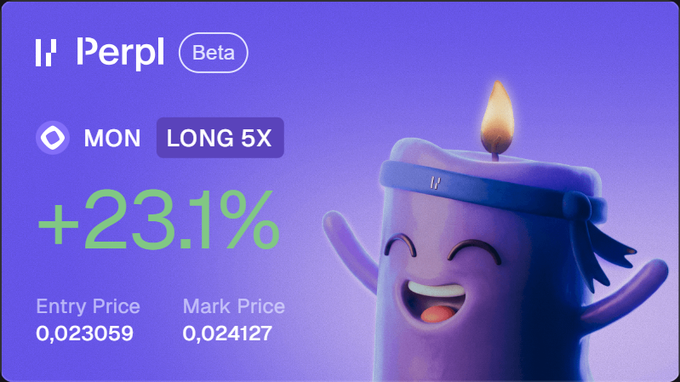 A position card for a LONG 5x MON perpetual trade on the Perpl platform (Beta) showing +23.1% profit, with entry price 0.023059 and mark price 0.024127.