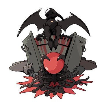 An illustration of a dark gargoyle perched atop a gothic tombstone, clutching a glowing red heart with clawed hands.