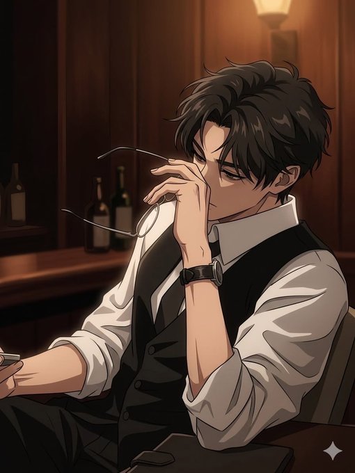 An anime-style illustration of a dark-haired man in a vest and white shirt sitting at a bar holding a glass, with wine bottles visible on the shelf behind him.