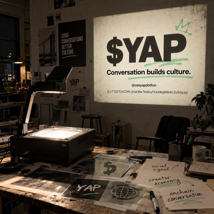 A dimly lit room with an overhead projector displaying the $YAP logo and 'Conversation builds culture' on a wall, with a desk covered in related papers and notes.