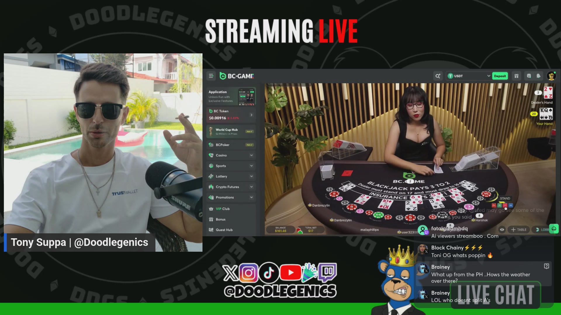 The image shows a man sitting at a table with a card game, likely poker, being played by another person who appears to be a woman. The scene takes place in front of a computer screen that displays the live stream of the game. There is also text on the screen that reads "Streaming Live", indicating that the game is currently being broadcasted online for viewers to watch from their own computers or devices.