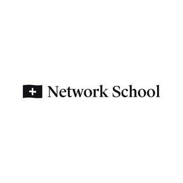 The image displays the "Network School" logo, featuring a black square with a white plus sign beside the text, which corresponds to the rebranding mentioned in the post of Farcaster into the Network State Protocol under Balaji Srinivasan's Network School.
