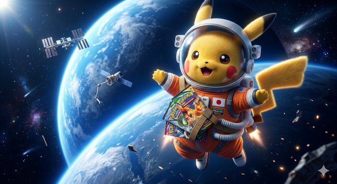 A digital illustration of Pikachu wearing an orange astronaut suit and holding Pokémon trading cards, floating in space with Earth and a space station in the background.