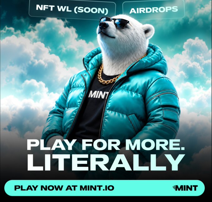 An advertisement featuring a polar bear wearing sunglasses and a teal puffer jacket over a shirt reading 'MINT', with the tagline 'PLAY FOR MORE. LITERALLY' and a link to MINT.IO.